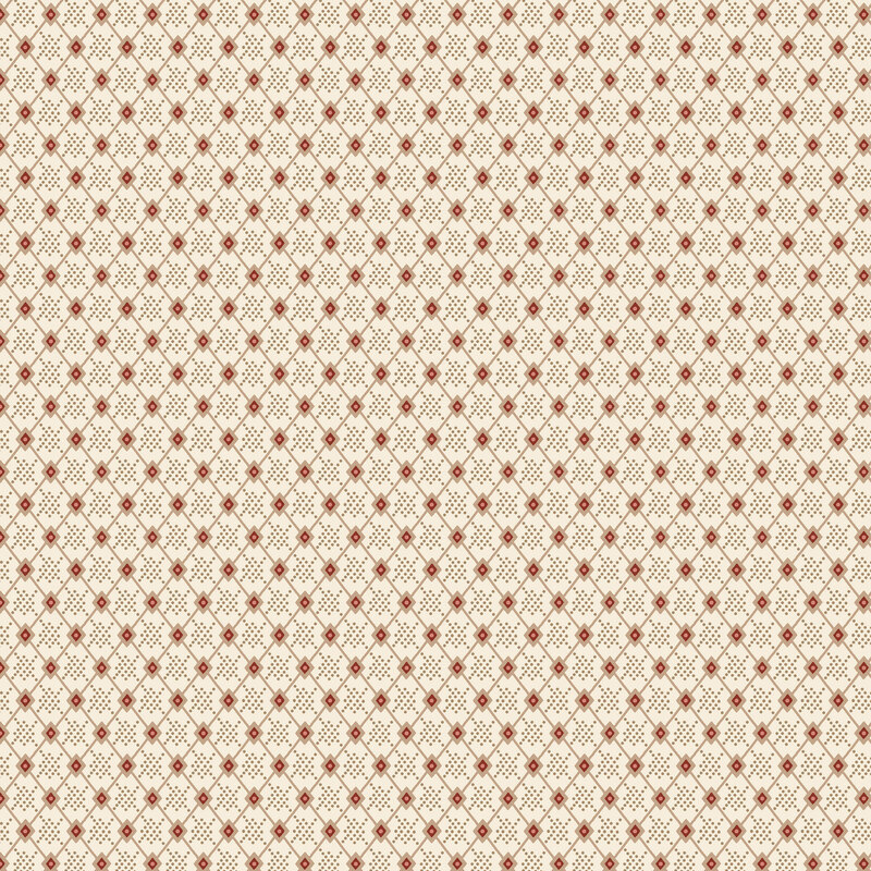 Cream fabric overlayed with intricate tan trellis pattern, filled with tan dots.