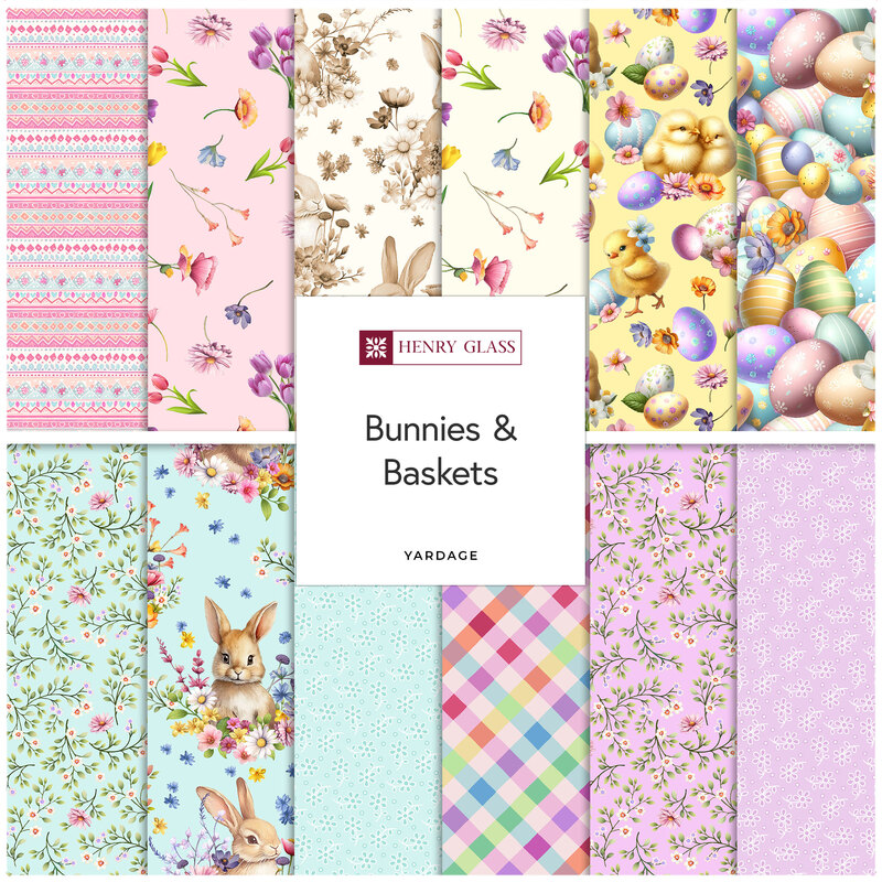 Square collage of Easter-themed fabrics from the Bunnies & Baskets collection featuring animal, floral, and egg prints