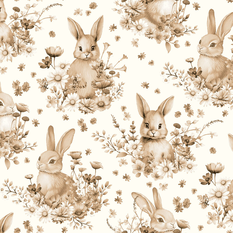 Sepia toned bunnies and florals scattered on a soft cream background