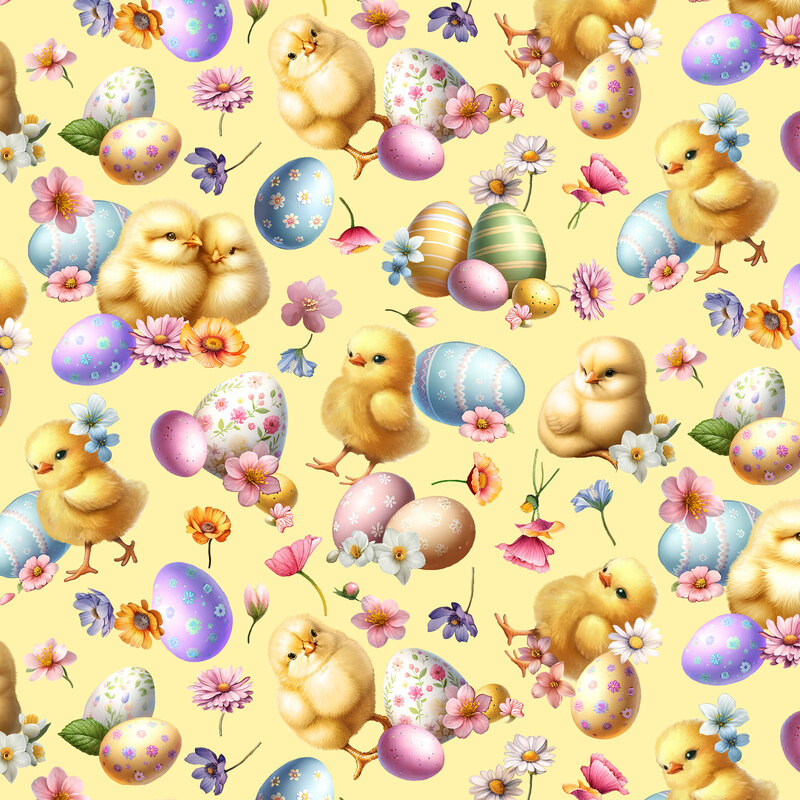 chicks, Easter eggs, and flowers tossed on a butter yellow background.