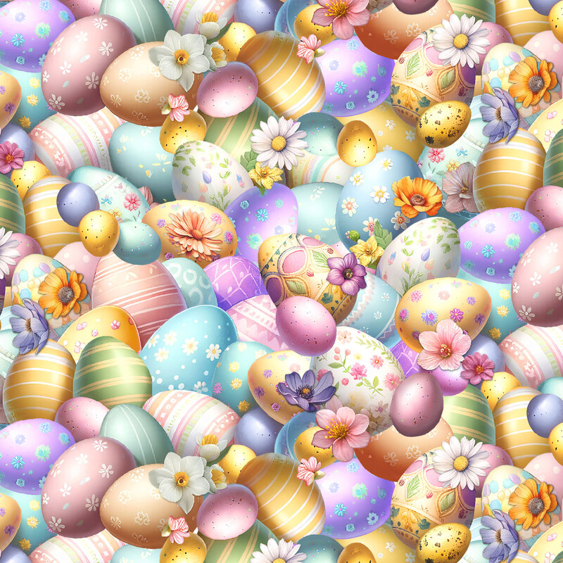 packed pattern of decorated Easter eggs accented with floral blooms
