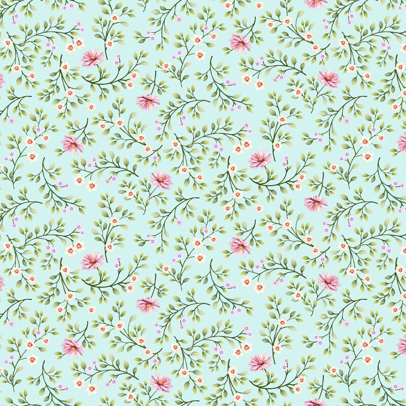 light aqua fabric featuring a scattered pattern of leaf trimmings with ivory and pink floral blossoms.