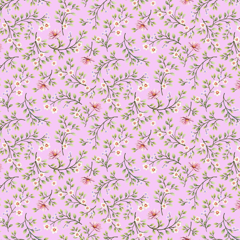 lilac fabric featuring a scattered pattern of leaf trimmings with ivory and pink floral blossoms.