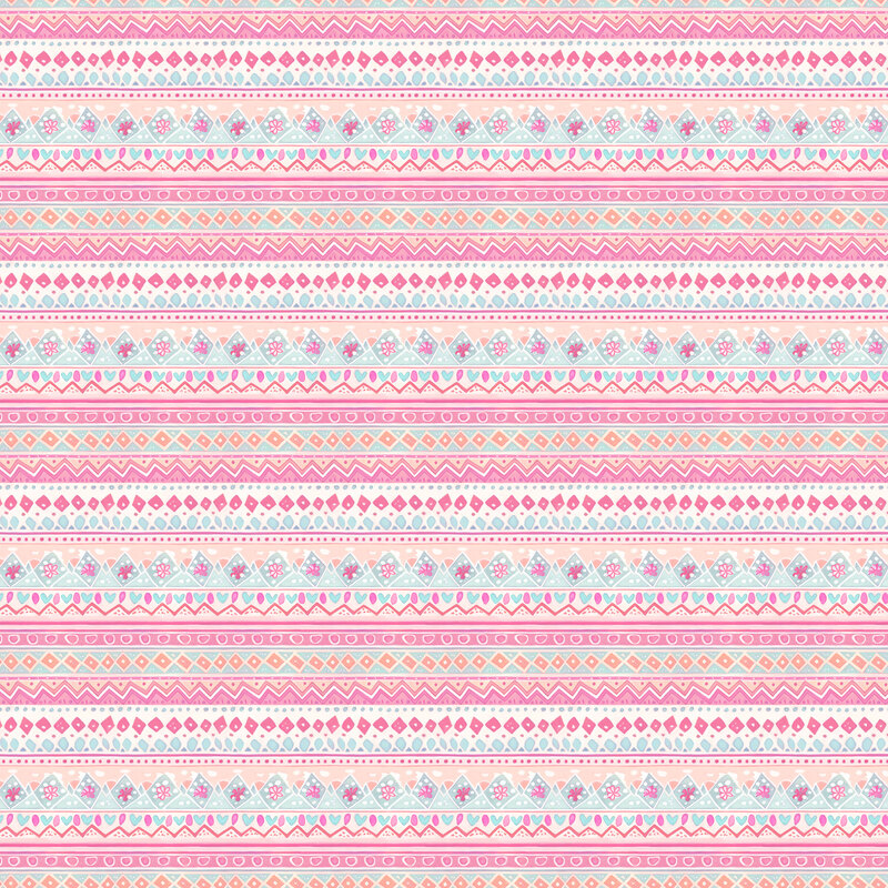 horizontal stripes of hearts, flowers, dots, and geometric motifs in soft shades of pink, peach, pastel aqua, and ivory.