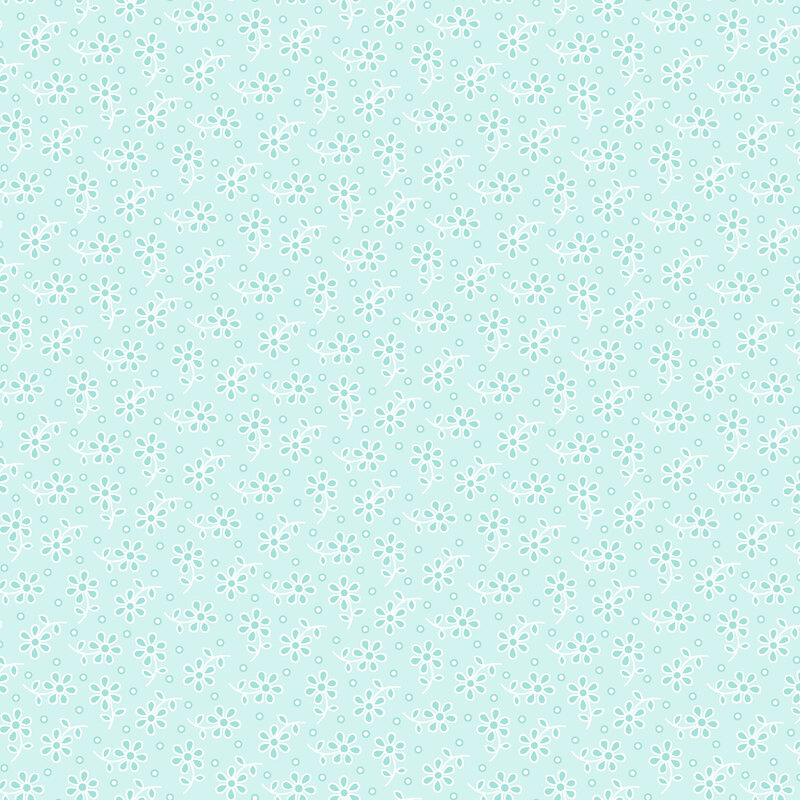 bright aqua blue fabric featuring tossed floral sprigs and dots in white and tonal hues.