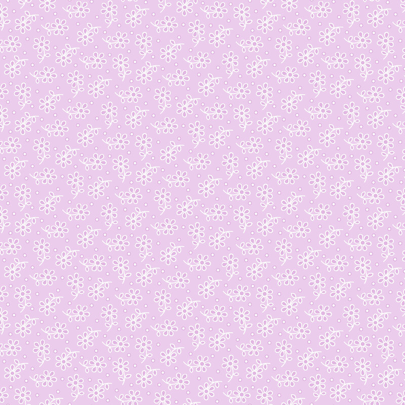 lilac fabric featuring tossed floral sprigs and dots in white and tonal hues.