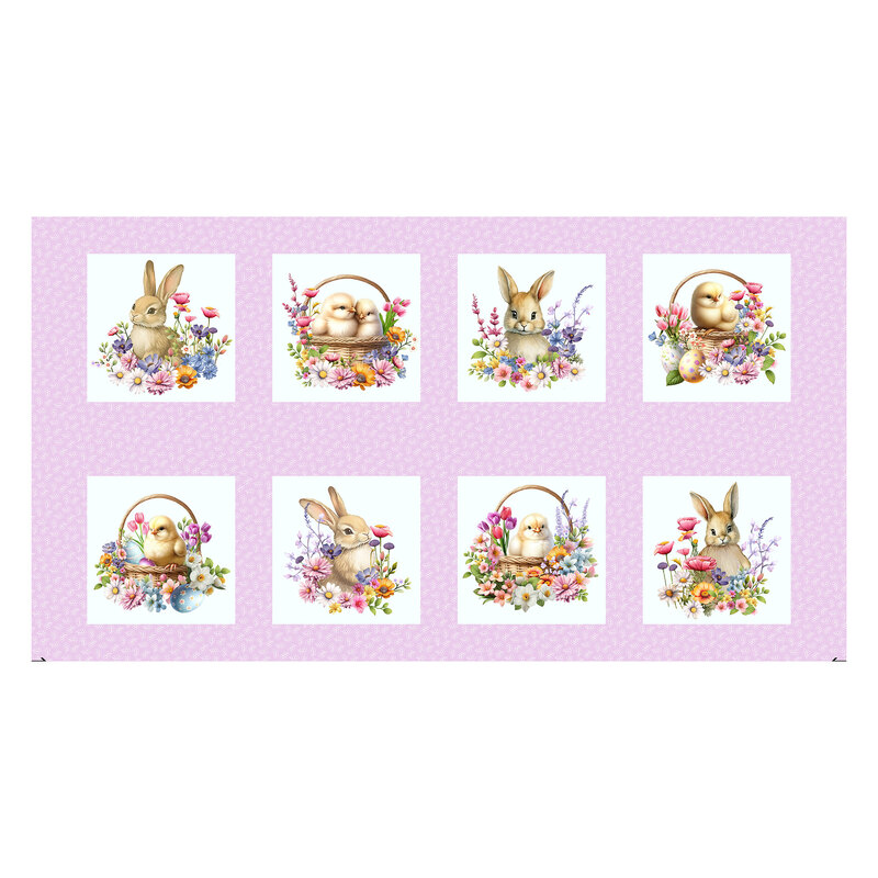 panel fabric featuring squares of bunnies and chicks with florals, baskets, and easter eggs on a floral printed lilac background.