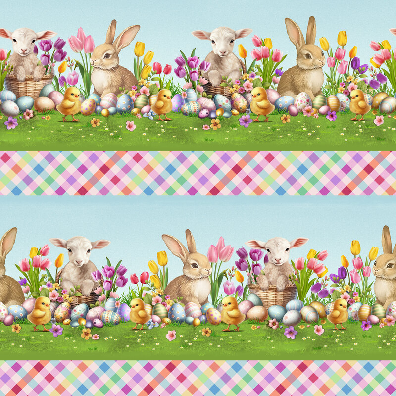 border stripe fabric featuring baby bunnies, lambs, and chicks with tulips and easter eggs alternating with pastel plaid stripes.
