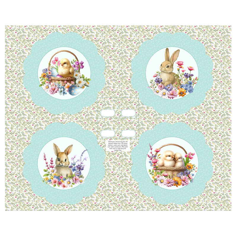 placemat panel featuring 4 scalloped placemats with easter-themed prints in the center on a floral background