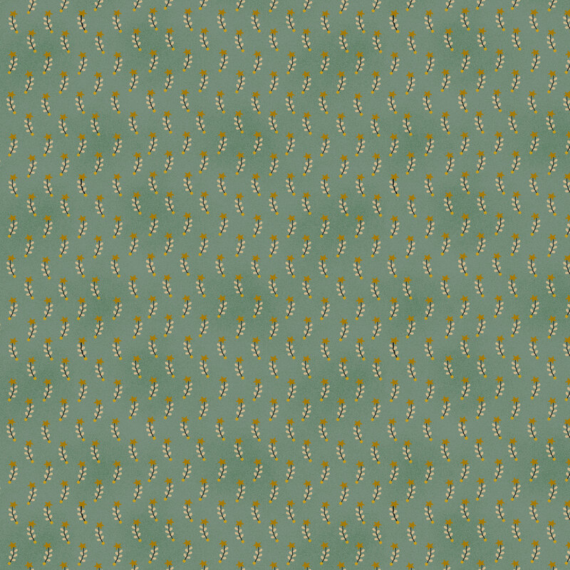 Teal green fabric with a primitive feather half-drop pattern.