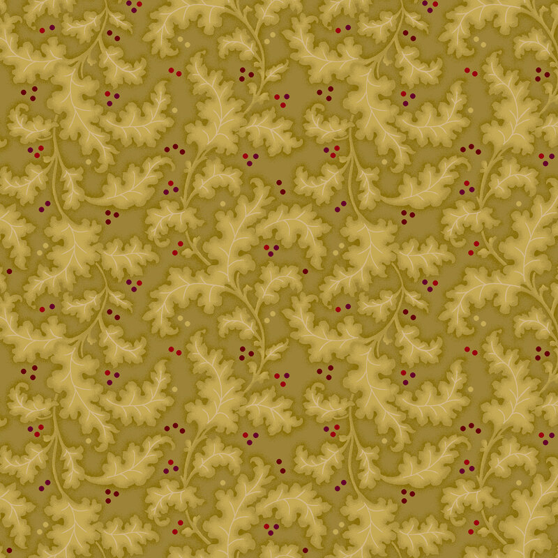 Bronze fabric with an intricate vine and leaf motif strewn across the top with stylized red berries.