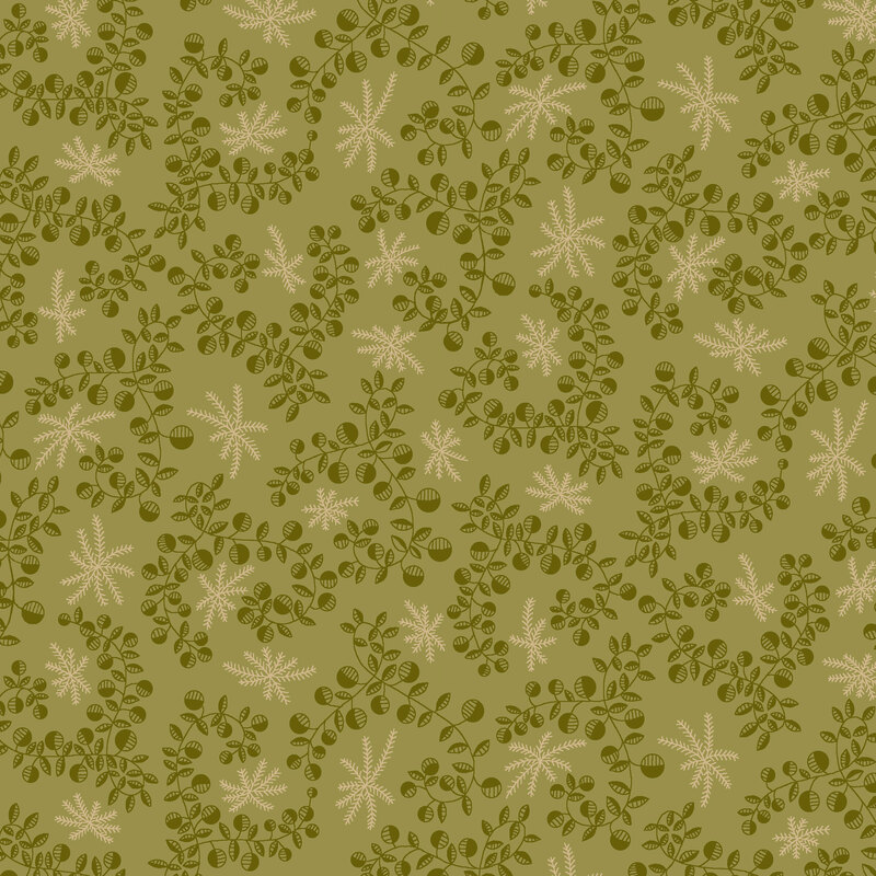 Olive green fabric with stylized dark green vines, leaves, and plant motifs.