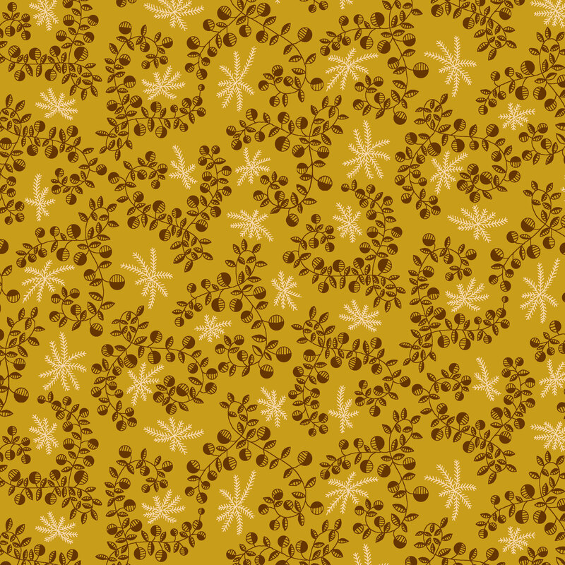 Mustard yellow fabric with stylized brown vines, leaves, and plant motifs.