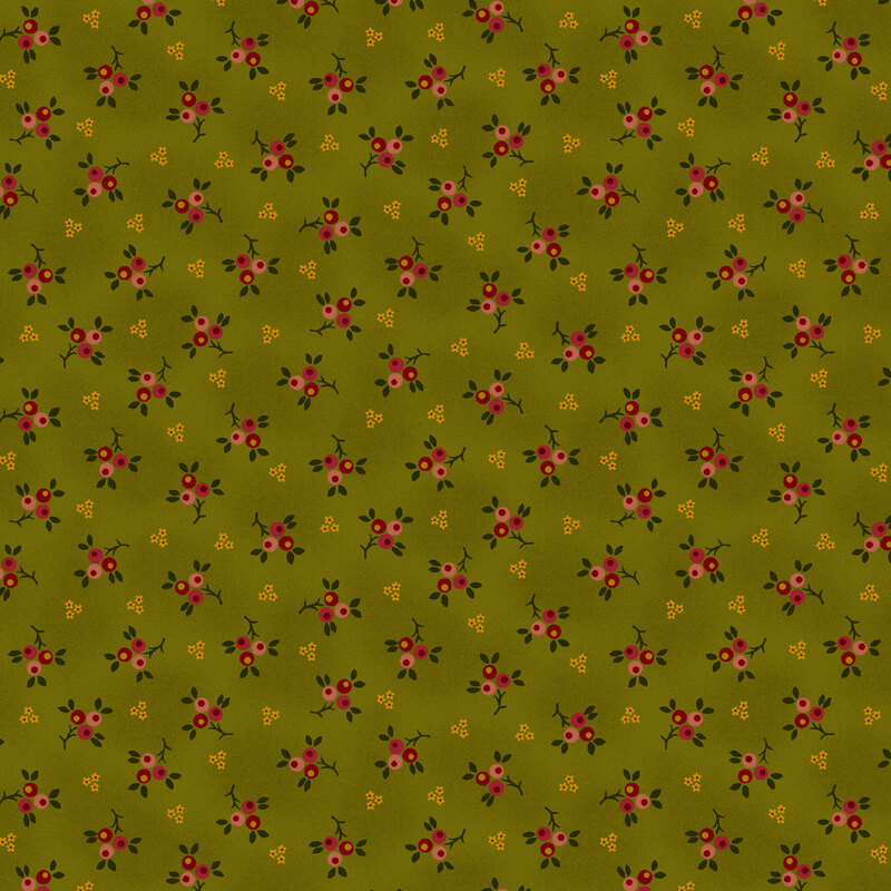 Khaki green fabric with a ditsy print of yellow florals and sprigs of red berries.
