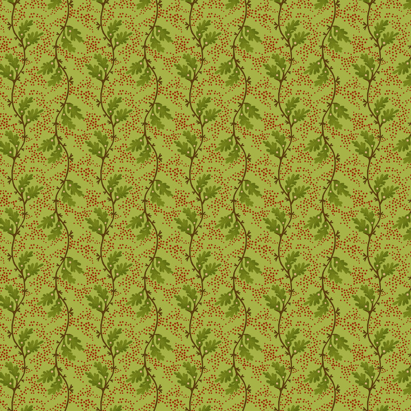 Spring green fabric with bunches of dots separated by lines of leaves and vines.
