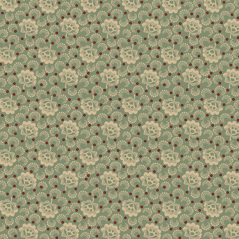 Rich sage fabric with bunches of lemongrass dots, peonies, and scattered red dots.
