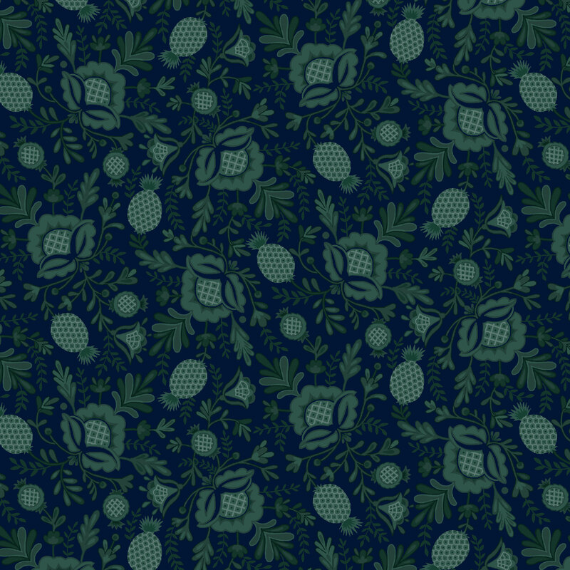 Navy fabric with tossed and rotated pineapples and leaves.