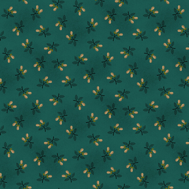 Dark teal fabric with a ditsy pattern of rich pear blossoms.