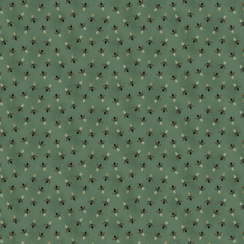 Dark teal green fabric with a ditsy pattern of geometrical double diamond design.