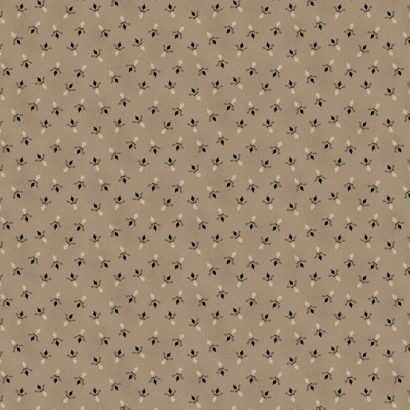 Warm gray fabric with a ditsy pattern of geometrical double diamond design.
