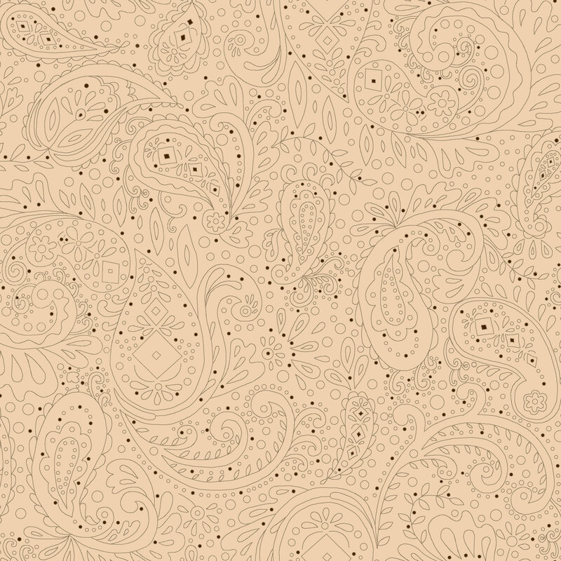Light latte fabric strewn with a black paisley design and solid black dots.