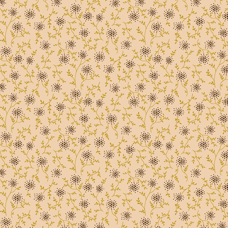 Light latte fabric strewn with khaki leaves and vines topped with brown stylized dotted berries.