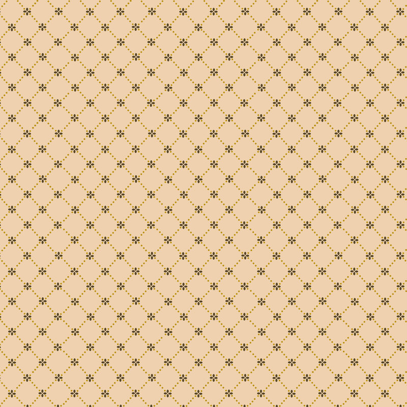 Light latte fabric with a diagonal grid of khaki dots and brown floral motifs.