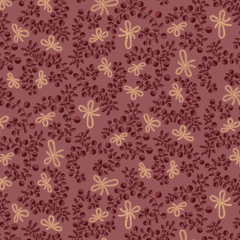 Dusty mauve fabric with stylized maroon vines, leaves, and pale yellow bow motifs.