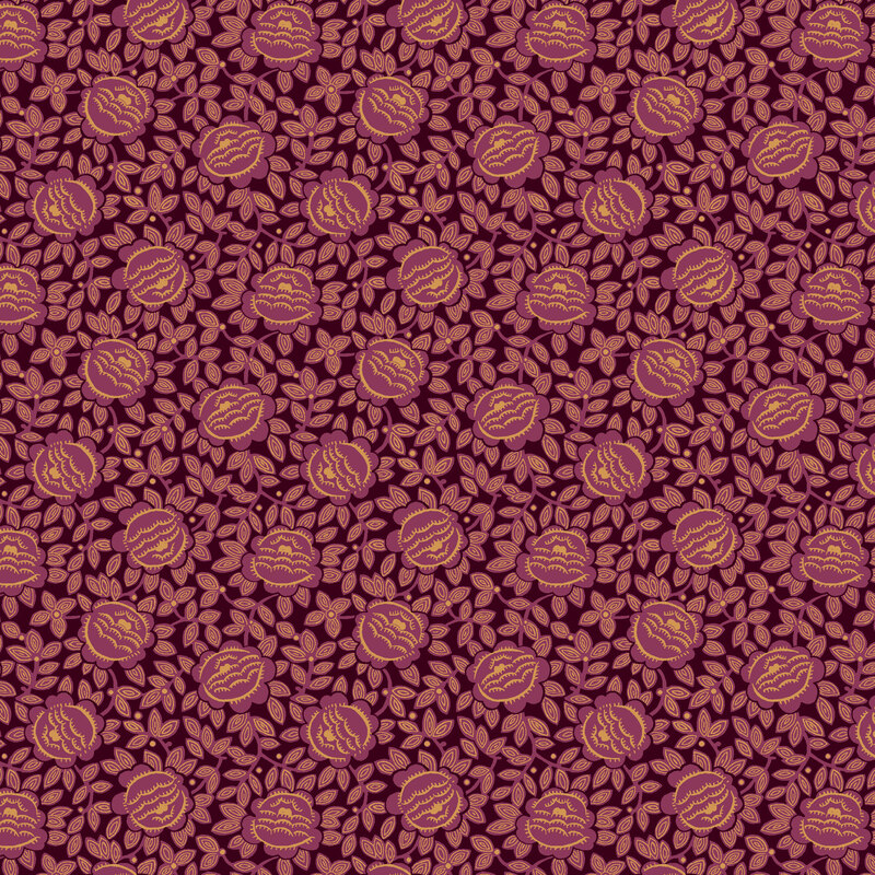 Dark plum fabric packed with dark mauve cabbages, leaves, and vines.