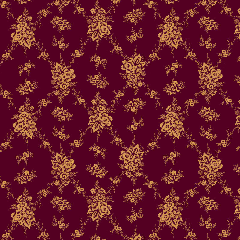 Dark maroon fabric with a mustard yellow, vintage floral and ornamental damask design.