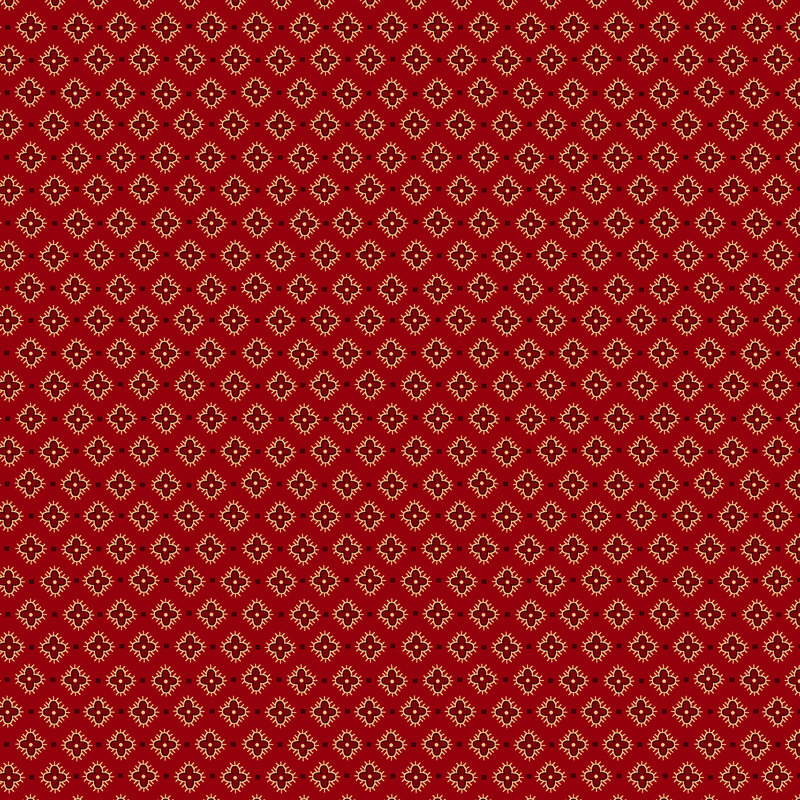 Ruby red fabric with a staggered grid of maroon stylized florals and black squares.