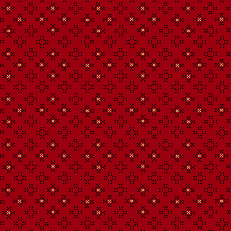 Ruby red fabric with staggered grid of pixelated black crosses and mustard cross stitches.