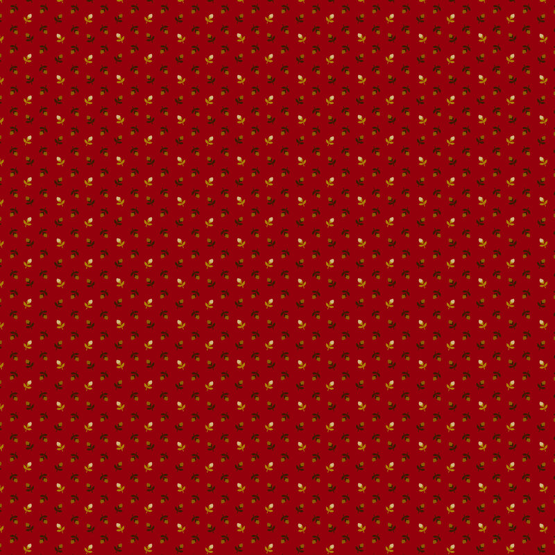 Ruby red fabric with a ditsy pattern of yellow and earth tone rose buds.
