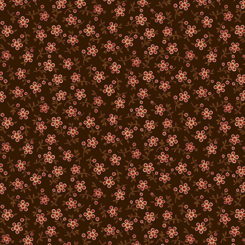 Espresso fabric with a tossed pattern of brown clovers with pastel yellow and ruby red blossoms.