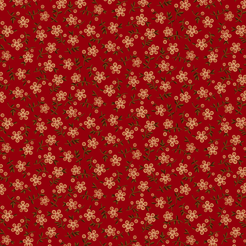 Ruby red fabric with a tossed pattern of brown clovers with pastel yellow and dusty rose blossoms.