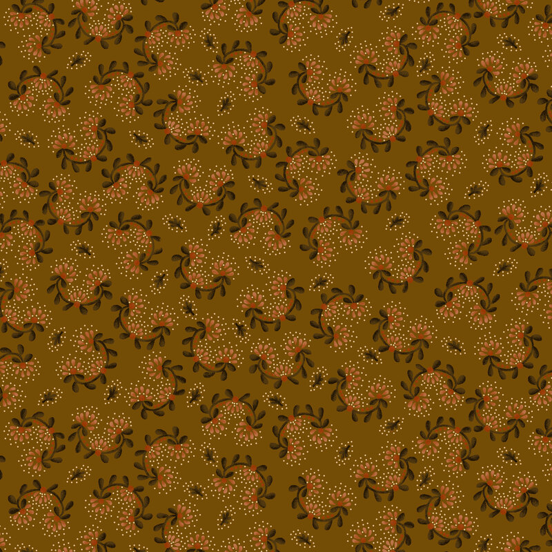 Chestnut fabric with a tossed pattern of curved vines and leaves holding rusty florals and cream dots.