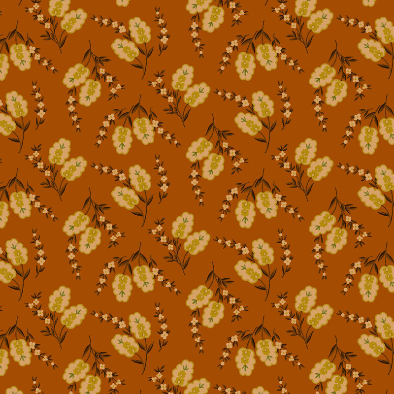 Burnt sienna fabric tossed with earth tone brown, green, and latte wildflowers.