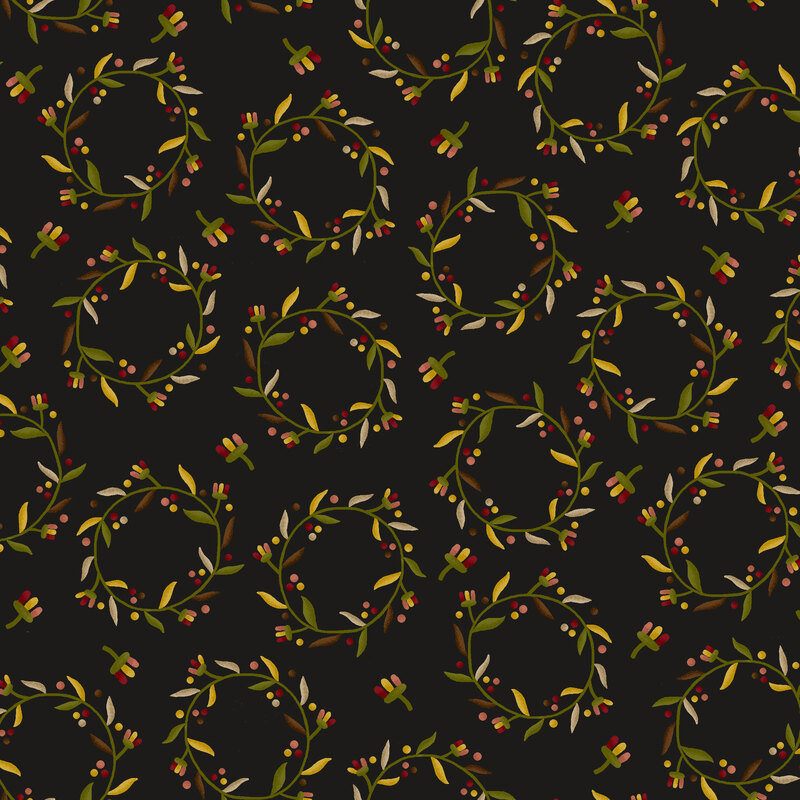 Black fabric with circular green floral chains of daisies with multi colored dots and blooms.