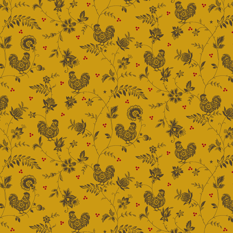 Mustard yellow fabric a primitive washed brown design of leaves, vines, florals, pineapples, and hens.