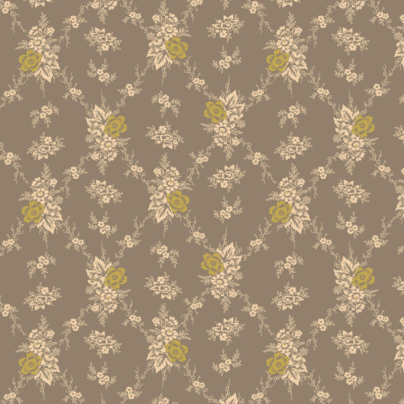 Stone gray fabric with a latte, vintage lemongrass floral and ornamental damask design.