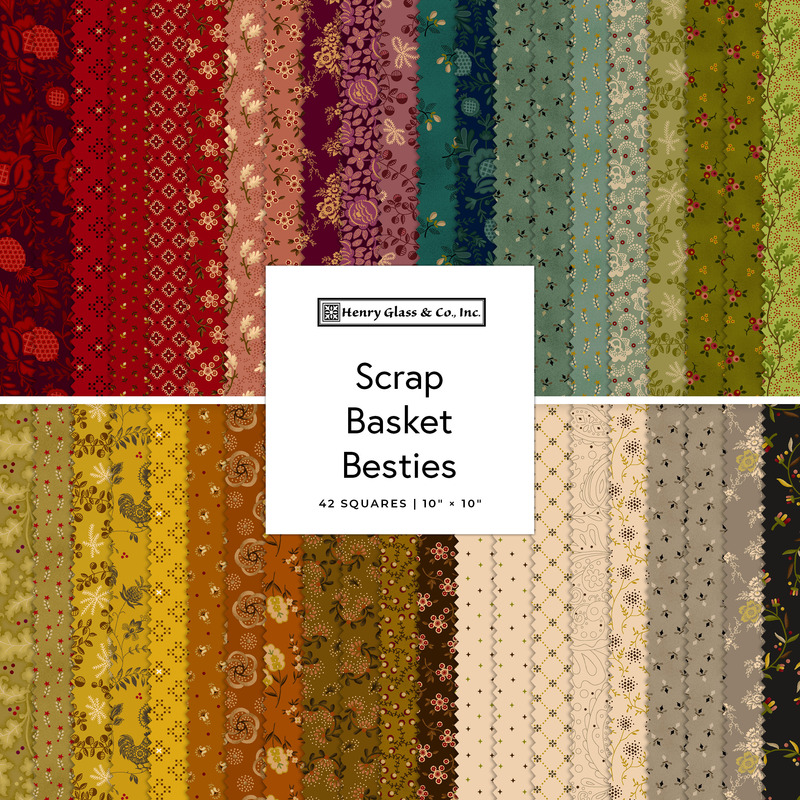 Collage of the Scrap Basket Besties 10" square pre-cut collection.