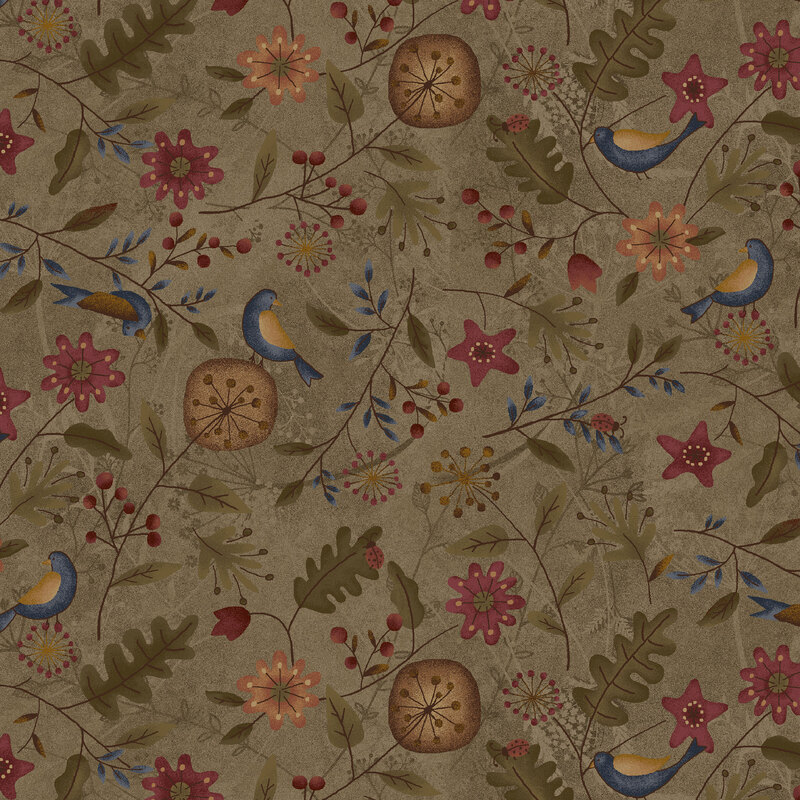 This textured mouse brown fabric features a tossed design of blue birds and floral motifs. 