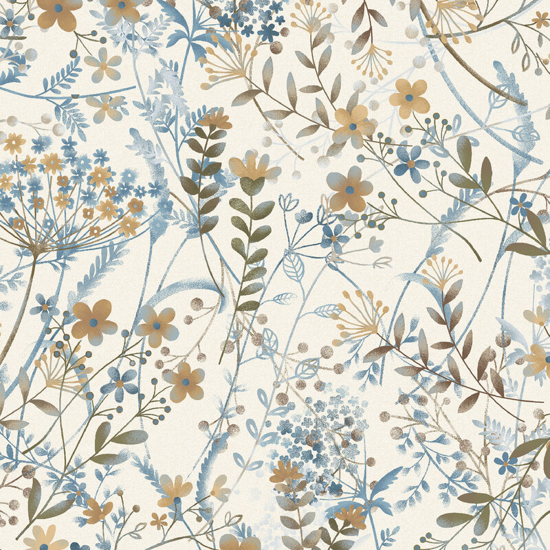 This cream fabric features a wild design of airbrushed blue, light brown, and dark sage flowers and leaves. 