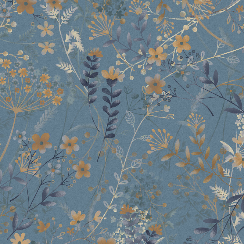 This dark teal blue fabric features a wild design of airbrushed navy blue, light brown, and cream flowers and leaves. 