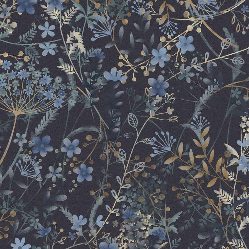 This dark navy blue fabric features a wild design of airbrushed navy blue, light brown, and blue flowers and leaves.