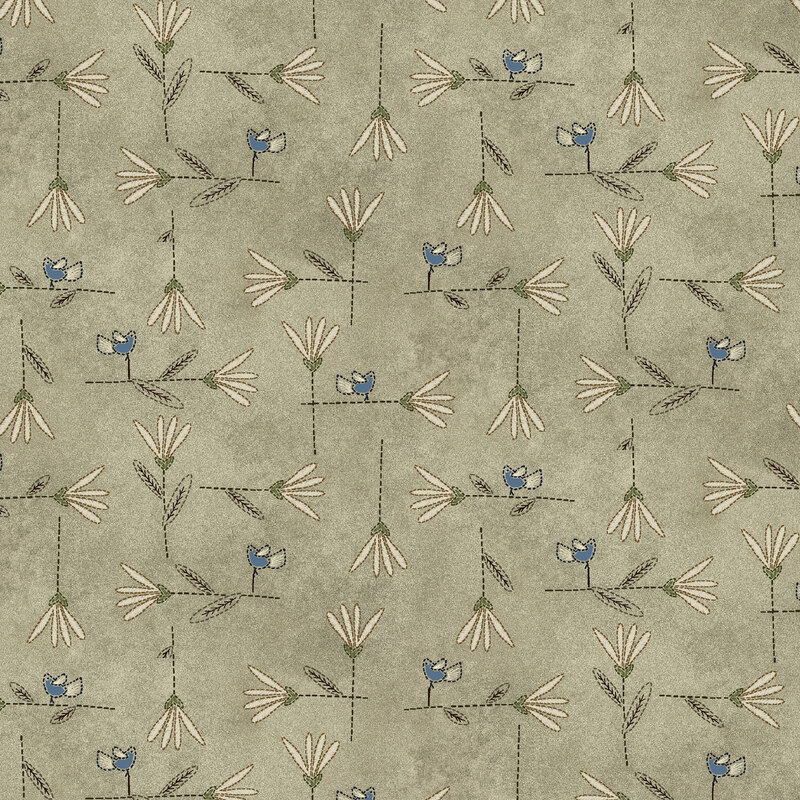 This muted khaki fabric showcases a crisp dotted line design of blue birds perched among daisy stems, bringing a fresh garden inspired feel to the print.