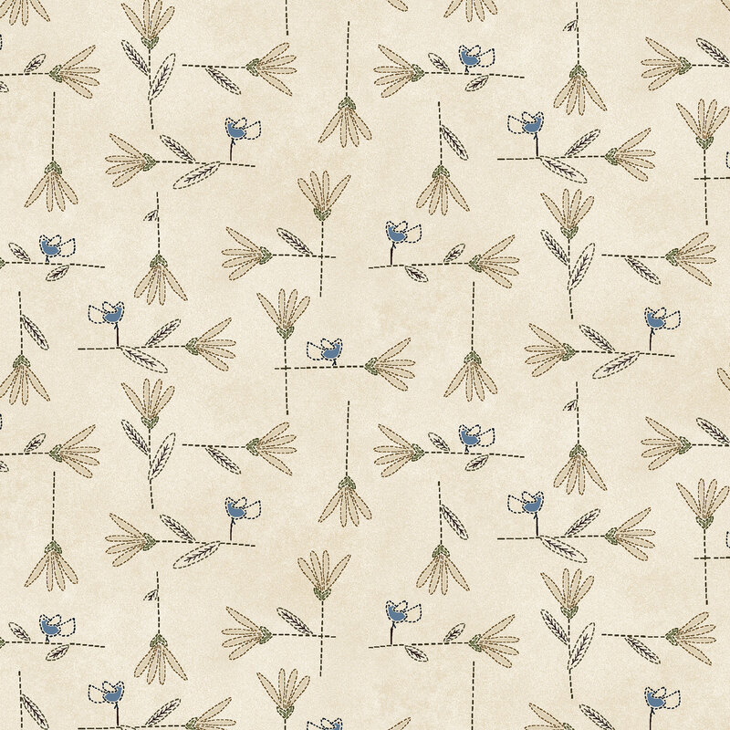 This cream fabric showcases a crisp dotted line design of blue birds perched among daisy stems, bringing a fresh garden inspired feel to the print.