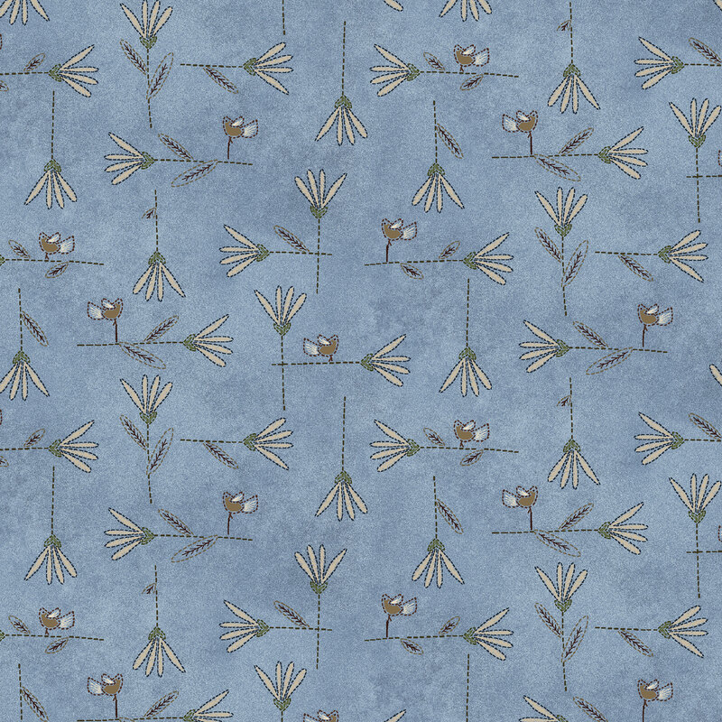 This faded blue fabric showcases a crisp dotted line design of blue birds perched among daisy stems, bringing a fresh garden inspired feel to the print.