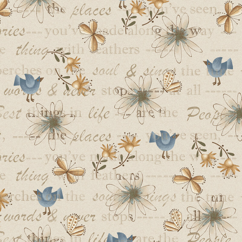 This cream fabric features tossed flowers, blue birds, and butterflies layered over typed words, creating a design filled with charm and natural beauty.