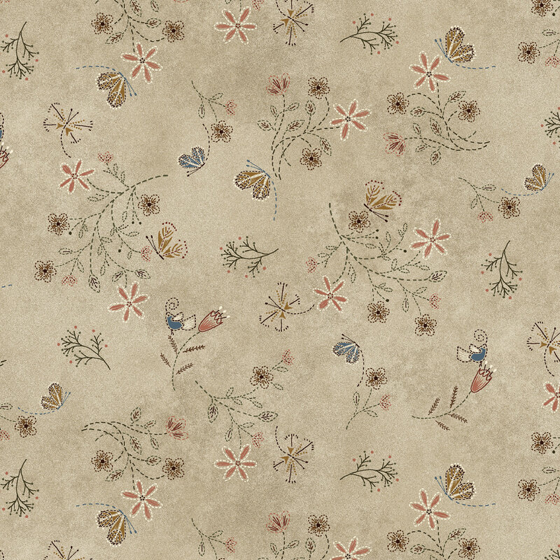 This beige fabric features tossed florals, the occasional blue bird, and fluttering butterflies. 